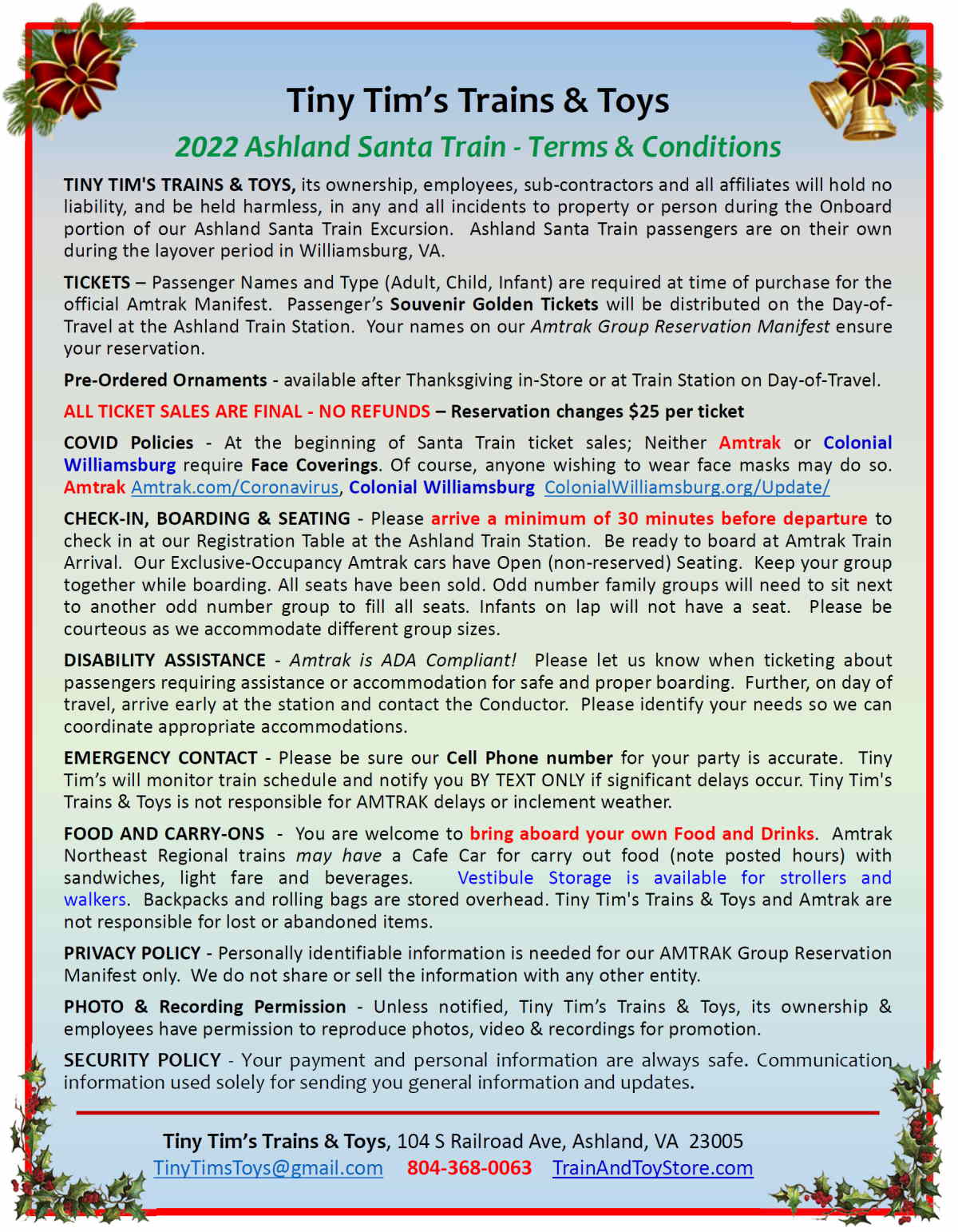 2022 Santa Train Terms and Conditions